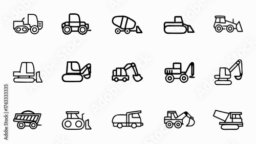 Line art illustration showcasing a variety of construction vehicles and heavy equipment designs neatly arranged