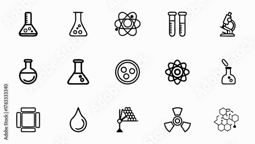 Illustration of science equipment including beakers, atom, microscope, and test tubes icons set up nicely