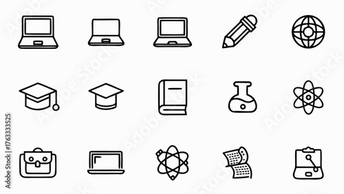 Black outline icons representing education and learning materials on a white background surface view