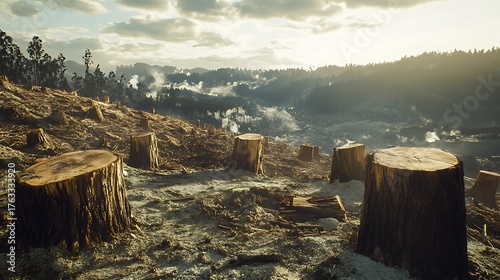 A hillside covered in deforested tree stumps and sawdust, symbolizing logging and deforestation