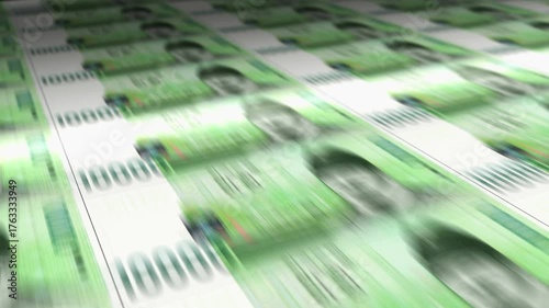 South Korea 10000 Won money sheet printing. KRW banknotes loop print. Seamless and looped background concept of finance, economy crisis, inflation and business.