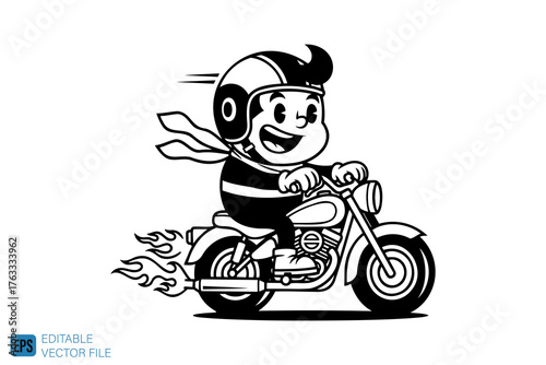 Cartoon boy riding motorcycle with helmet and scarf, fast speed.