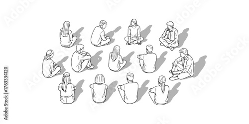 CAD Drawings. Set of diverse people sitting isolated on white background. Top view. Vector illustration.