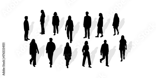 CAD Drawings.Silhouette Set of diverse people standing and walking  isolated on white background. Top view. Vector illustration.