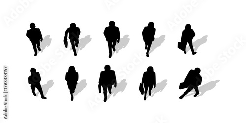 CAD Drawings. Silhouette Set of Business People walking isolated on white background. Top view. Vector illustration.
