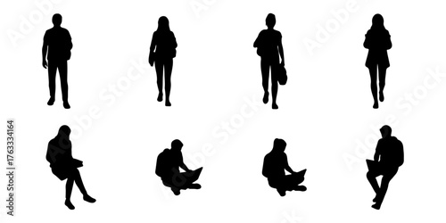 CAD Drawings. Silhouette Set of Students walking, sitting isolated on white background. Front view. Vector illustration.