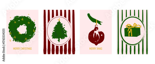Merry Christmas vintage greeting card set. Xmas elegant design with hand drawn Christmas tree, bows, holiday wreath, gifts, and whimsical lines frames. Vector modern poster, background, cover, banner.