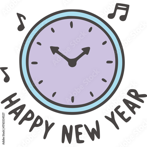 A cartoon illustration of a clock with musical notes and the text "Happy New Year" celebrating the arrival of the new year.