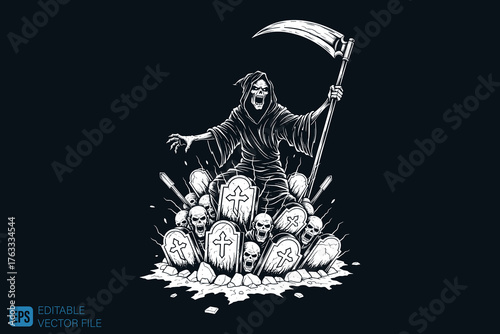 Grim Reaper Rising from Graves - A Haunting Illustration.