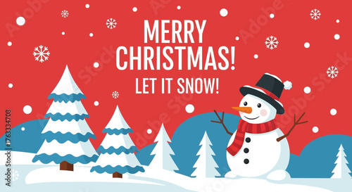 Joyful Merry Christmas scene with a friendly snowman and snow-covered trees evokes winter wonder and holiday cheer