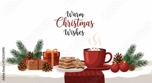 Send warm Christmas wishes with delightful cookies, gifts, and a steaming mug of cocoa, perfect for holiday cards and seasonal social media posts