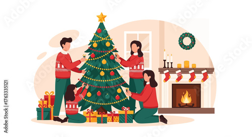 Joyful family decorates Christmas tree together filling home with festive holiday spirit, creating warm cherished memories