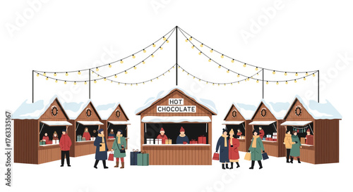 Charming winter market scene with people enjoying hot chocolate and festive stalls under twinkling string lights