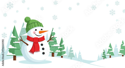 Whimsical snowman smiles in a snowy winter wonderland surrounded by frosted evergreen trees and falling snowflakes, perfect for holiday cheer.