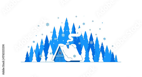 Cozy winter cabin nestled among snow-covered pine trees with gentle snowfall creating a serene, inviting atmosphere for holiday or seasonal themes