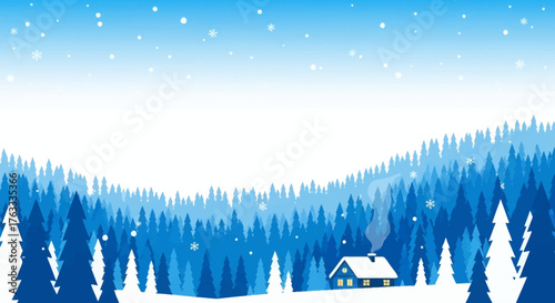 Cozy winter cabin nestled amongst snowy pine trees under a soft blue sky with falling snowflakes, evoking peace and holiday spirit.