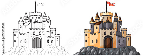 Medieval Stone Castle on Rocky Hill Vector Illustration