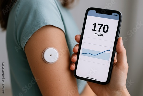 User embraces continuous glucose monitoring with an arm sensor, instantly viewing vital health data on a smartphone for proactive diabetes management