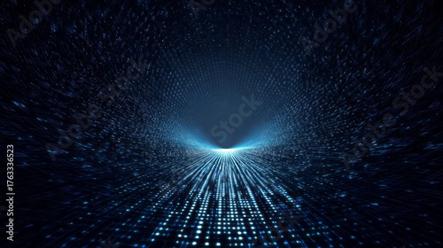 A tunnel of glowing blue digital particles creates a futuristic cyberspace concept.