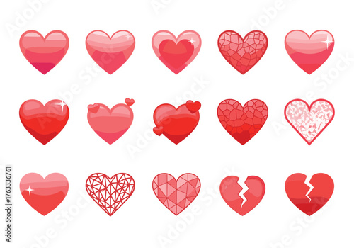 Collection of decorative red and pink heart icons in various styles.