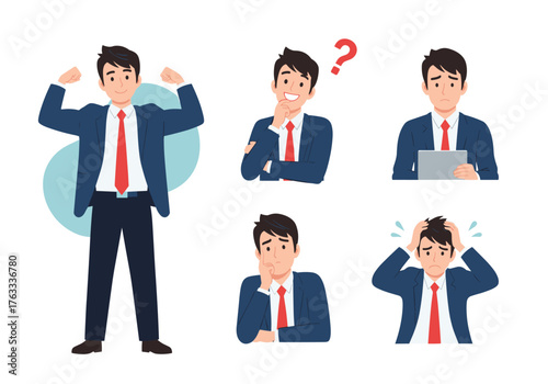 Businessman in various poses and expressions, showcasing different emotions and situations.