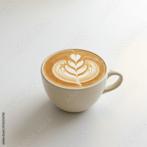 A latte art in a white ceramic mug with a heart and leaf pattern on a white surface