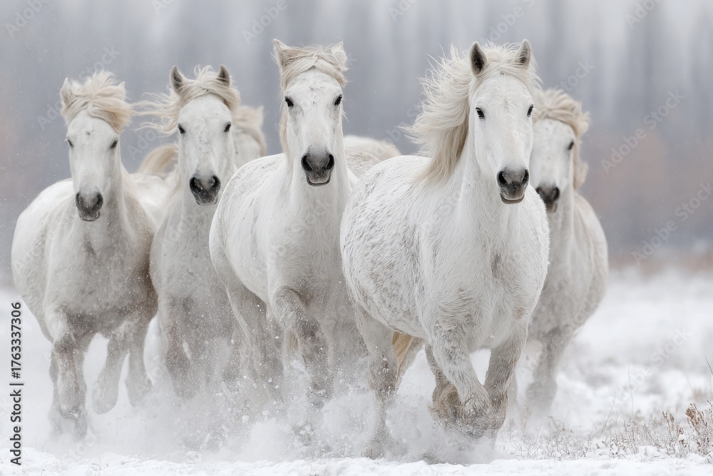 Obraz premium Majestic Camargue horses galloping through snowy winter landscape frontal view equine beauty in motion nature photography