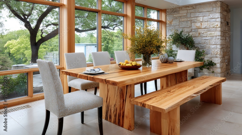 Fototapeta premium Modern rustic dining room with natural wood table and large windows