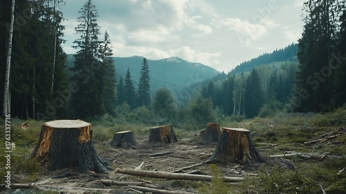 A forest area with tree stumps and fallen branches, emphasizing the impact of deforestation