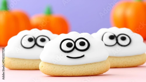 Cute Halloween pumpkin cookies with white icing and funny eyes smiling on pastel background sweet dessert for festive fun