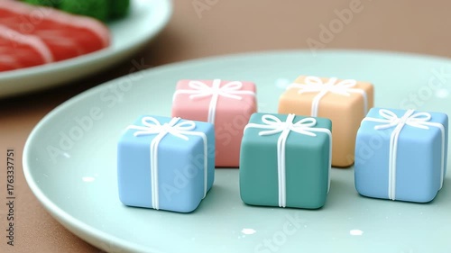 Small colorful gift box with white ribbon pastel and light blue plates, festive present arrangement cheerful gift box ribbon