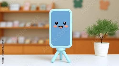 Cute phone with happy face small white tripod and blue smartphone with sleepy face small tripod cozy room with blurred background