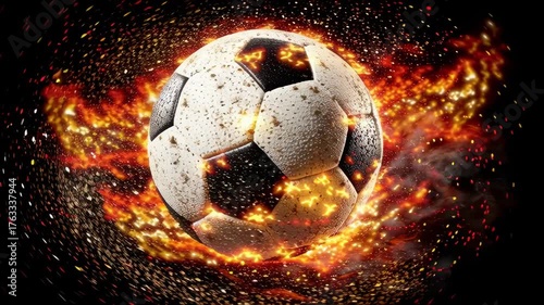 Soccer ball fire flame motion sport energy dynamic action with black background sparks burning speed competition game leather