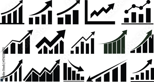 Growing Graph icon set.A dynamic illustration featuring a rising chart with arrow, business bar sign, and progress bar symbol, representing success and profit growth. Ideal for apps, websites.