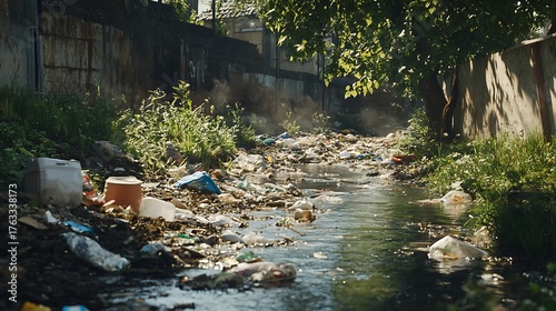 A small, dirty stream filled with rubbish and waste, showing environmental pollution in rural areas