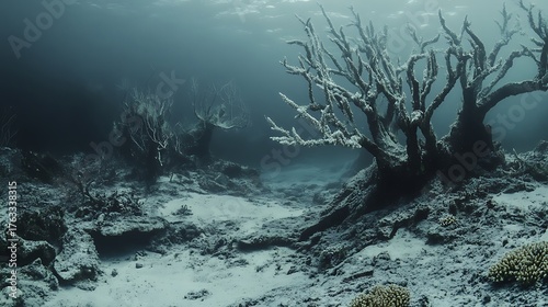 A coral reef underwater, bleached and devoid of vibrant colors, showing the effects of ocean warming
