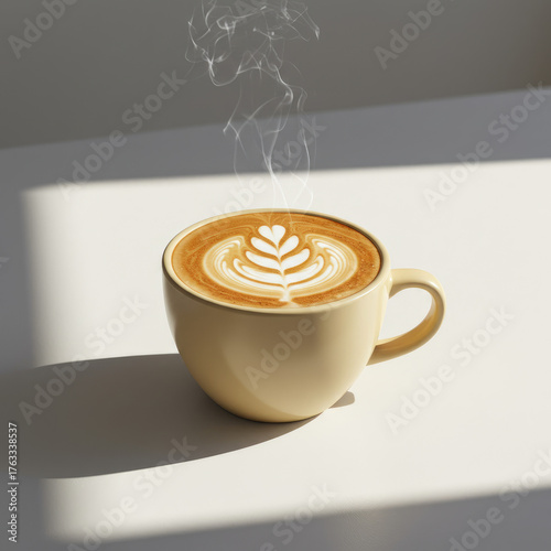A steaming cup of latte with latte art on a white surface with soft lighting effect