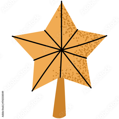 Golden Star on Top of Christmas Tree. Shining golden star crowning a beautifully decorated Christmas tree, symbolizing joy, hope and the festive spirit of the holiday season.
