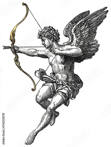 Cupid Aiming Bow and Arrow Engraving Illustration Valentine's Day Love Romance Mythology Angel Winged Figure Isolated on White Background