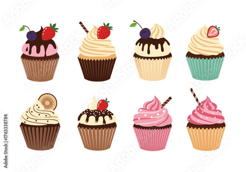 Delicious cupcakes assortment with various toppings and frosting for dessert enjoyment.