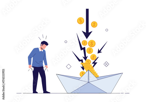 Man Worried About Paper Boat Sinking Under Falling Coins.