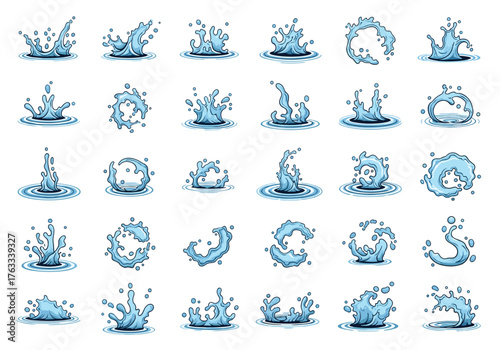 Collection of water splash illustrations in various shapes and forms for design elements.