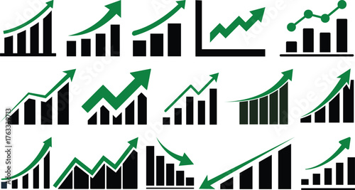 Growing Graph icon set.A dynamic illustration featuring a rising chart with arrow, business bar sign, and progress bar symbol, representing success and profit growth. Ideal for apps, websites.