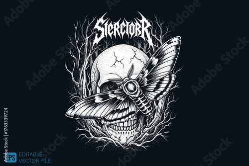 Skull and Moth Illustration with Dark and Eerie Aesthetic.