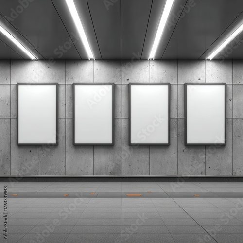 Four blank posters on subway wall, eye level view of advertisement space in underground station, modern gray tile and fluorescent lighting, mockup template