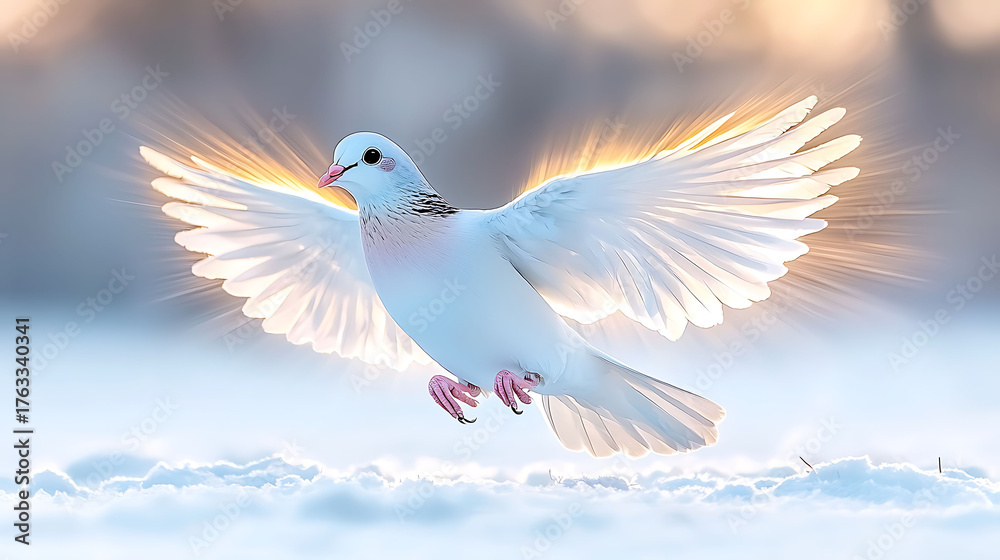 Obraz premium Serene white dove in flight, wings outstretched with radiant light, landing gently on snowy ground. Ideal for peace, hope, spirituality, and religious themes.