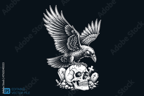 Intricate Engraving of a Raven Perched on a Human Skull with Gra