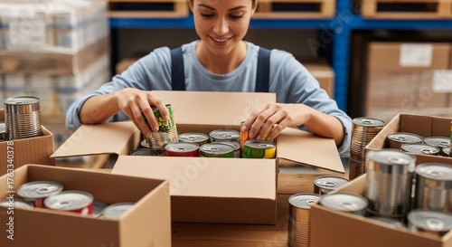Young adult woman volunteer preparing food donations in boxes. Multiracial group packing food bank supplies, charity work. Social support and community help concept