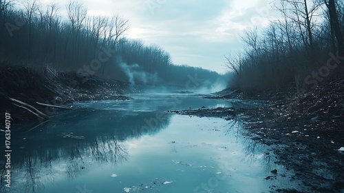A heavily polluted river with visible chemical discoloration in the water, symbolizing water contamination