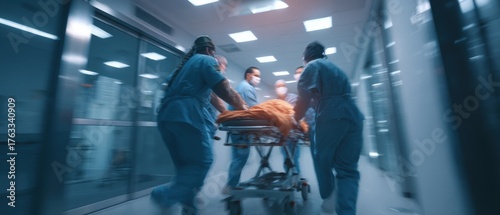 Medical Team Rushing Patient on Gurney Through Hospital Hallway Emergency Situation Fast Paced Action Low Angle Perspective